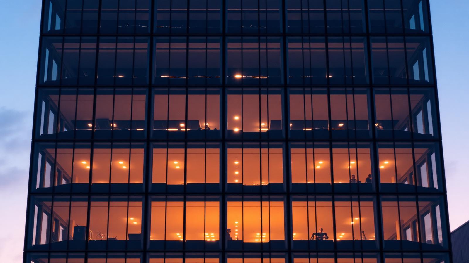 Illuminated glass office facade at dusk showing a repeating grid of windows