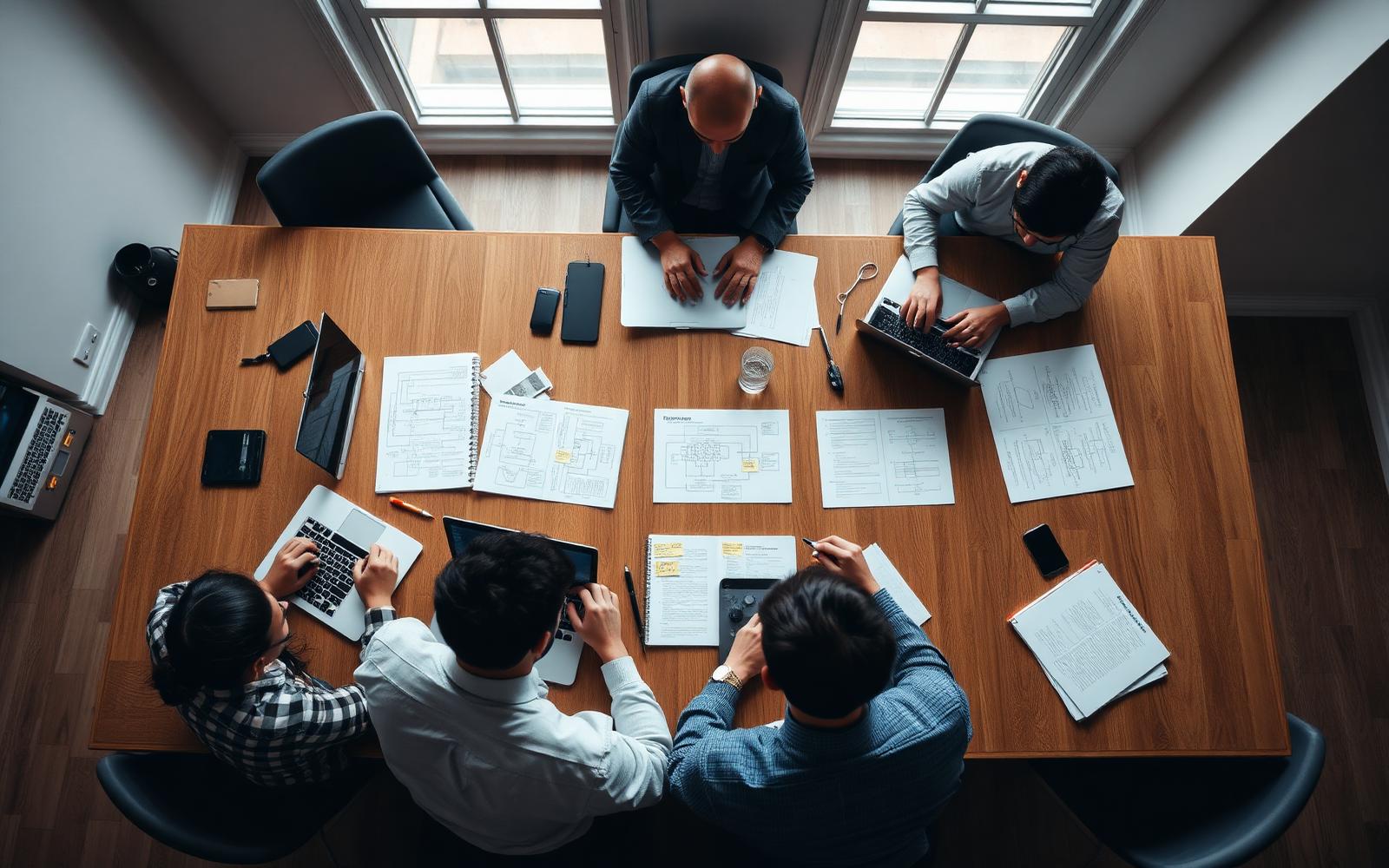 Overhead view of a technical planning session with laptops, printed system diagrams and handwritten notes on a wide oak table