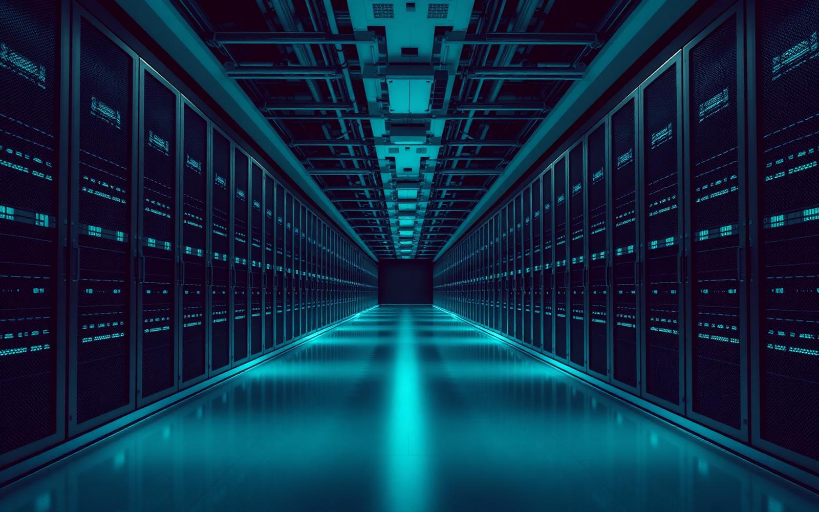 Long perspective view of a modern data centre corridor lit by cool teal LEDs, rows of server racks receding toward a vanishing point